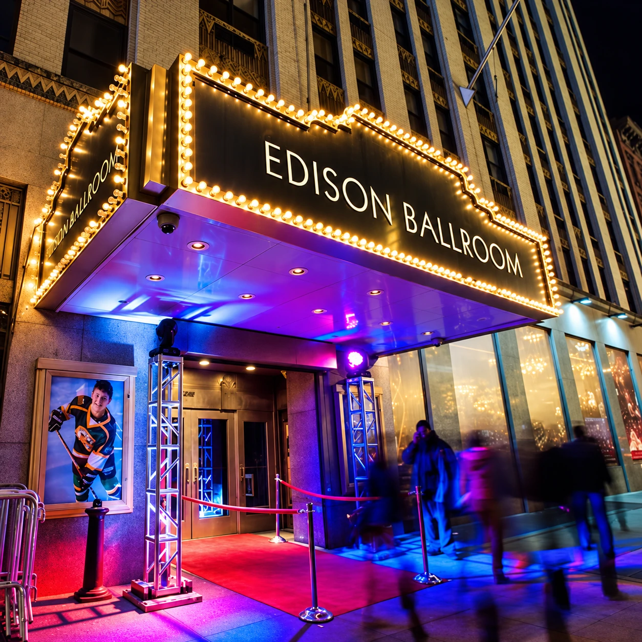The illuminated Edison Ballroom marquee and entrance in New York City
