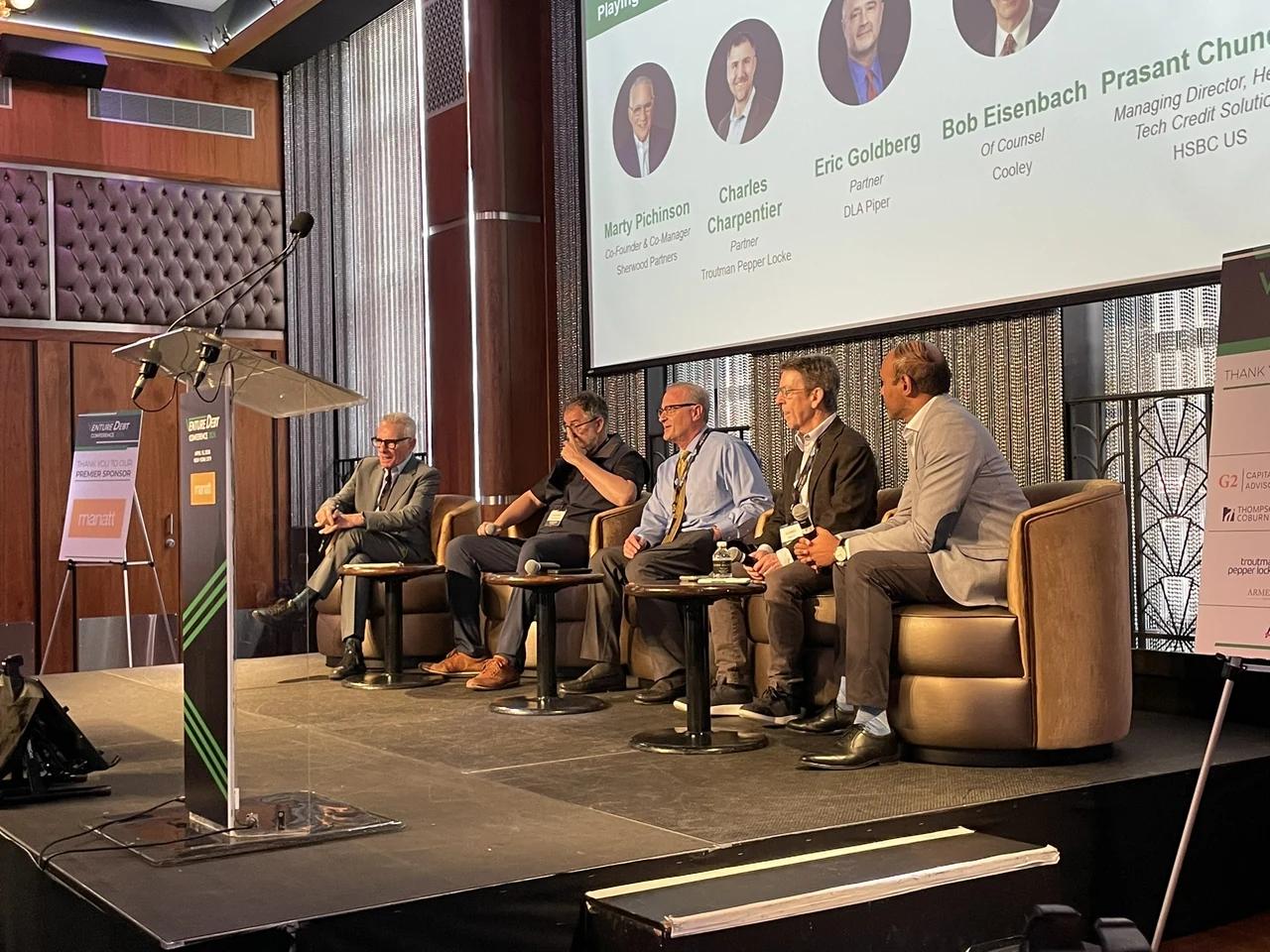 Five venture debt panelists in discussion on the Edison Ballroom stage